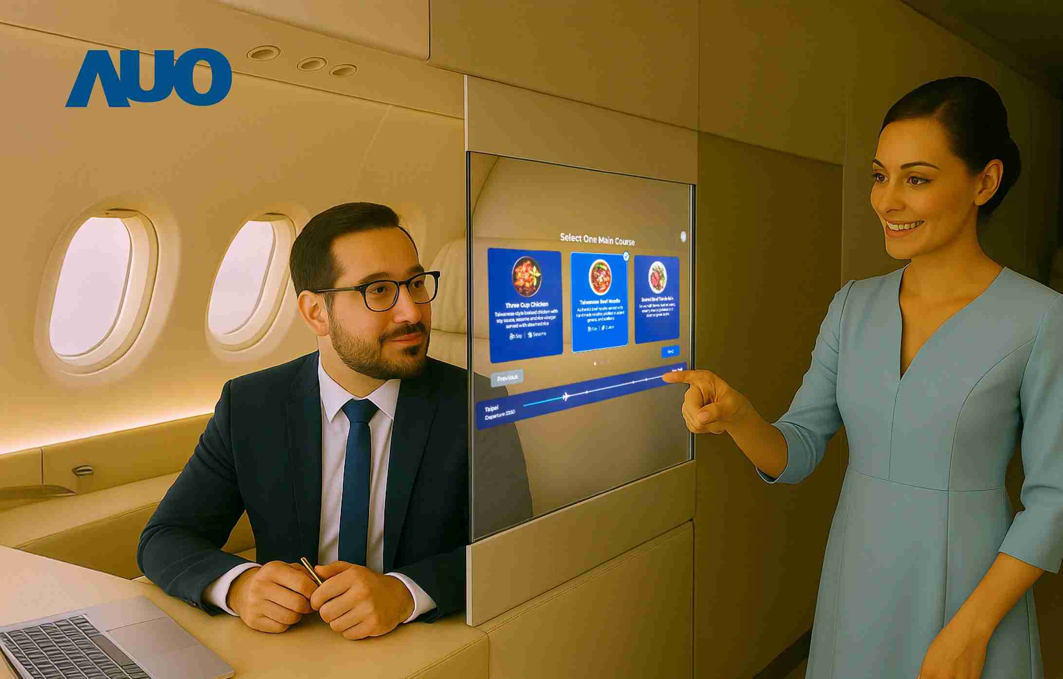 优游UB8研发全球最薄17.3 吋双面透明 Micro LED 显示器，，，可在同一屏幕之双边投射不同信息，，创造独特的”透明化”互动；图为实时翻译交流应用情境